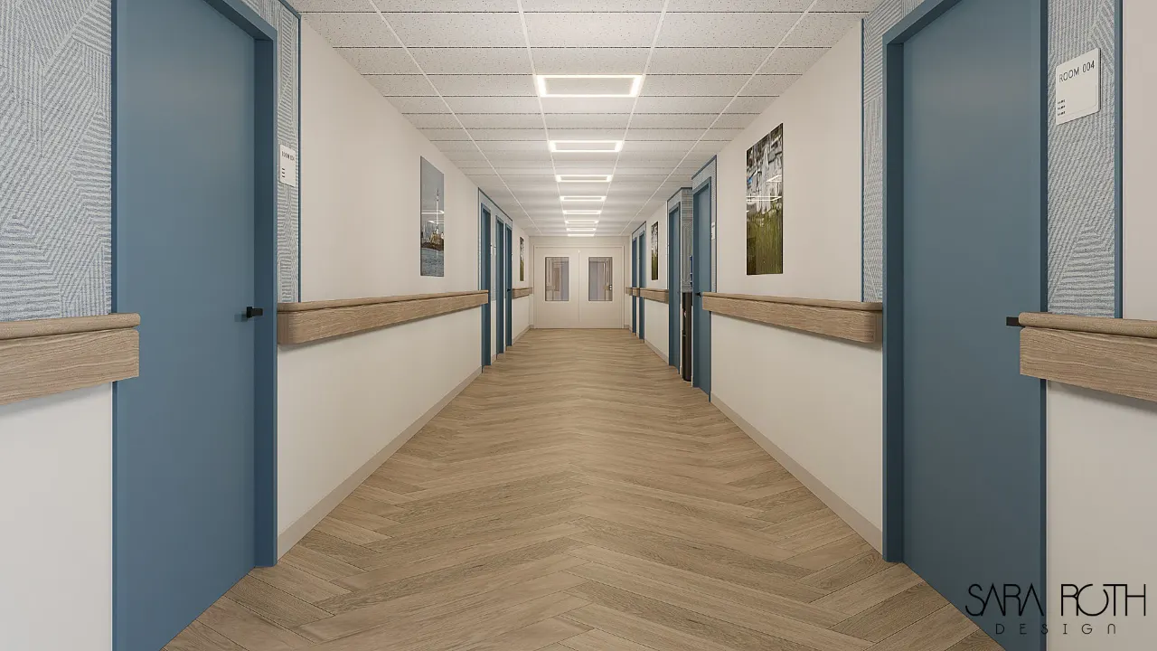 Skilled nursing corridor at Advocate Healthcare of East Boston with herringbone wood-look flooring, blue resident room doors and wall handrails
