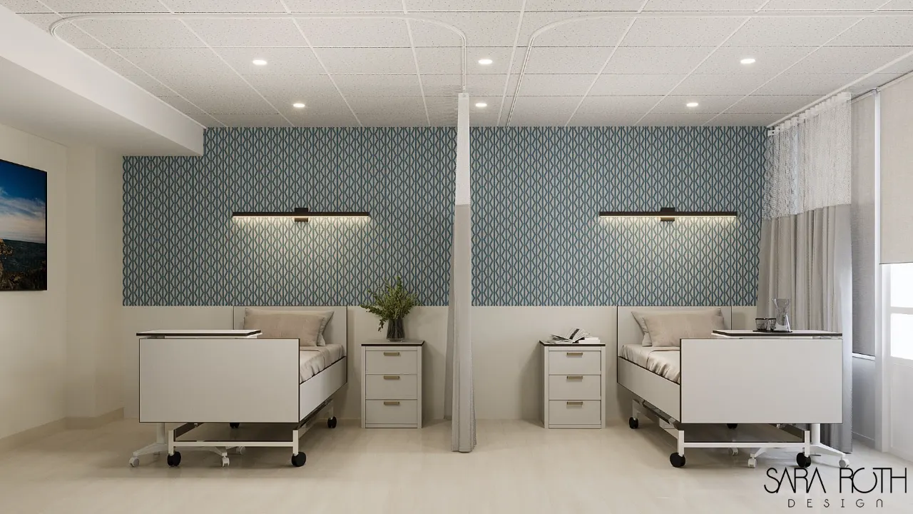 Two-bed resident room at Advocate Healthcare of East Boston with a teal patterned accent wall, reading lights and bedside cabinets