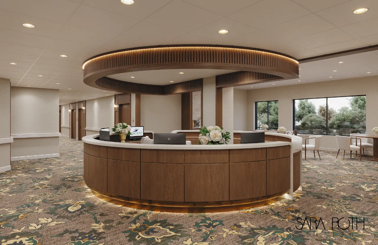 Curved walnut nurses’ station with an illuminated wood-slat ceiling ring at Bartley Healthcare skilled nursing facility in New Jersey
