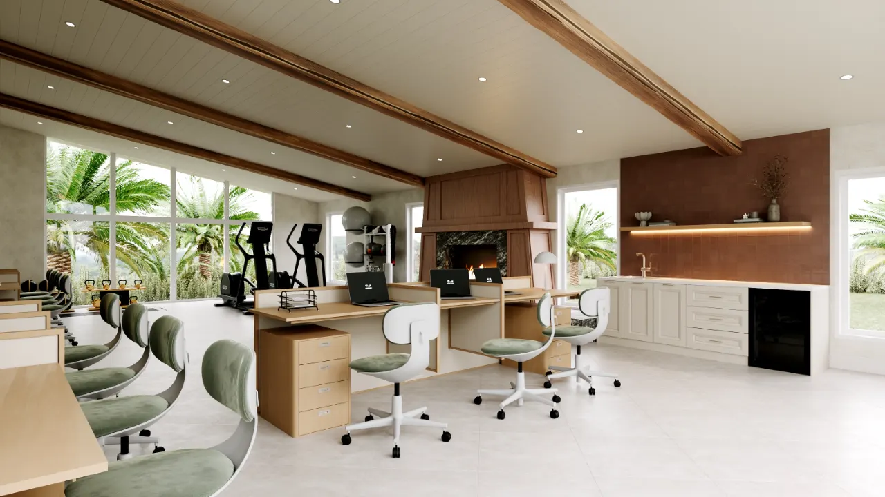 Bright rehabilitation therapy gym at Mission Park Healthcare Center with exercise equipment, wood beams, a fireplace wall and green task chairs