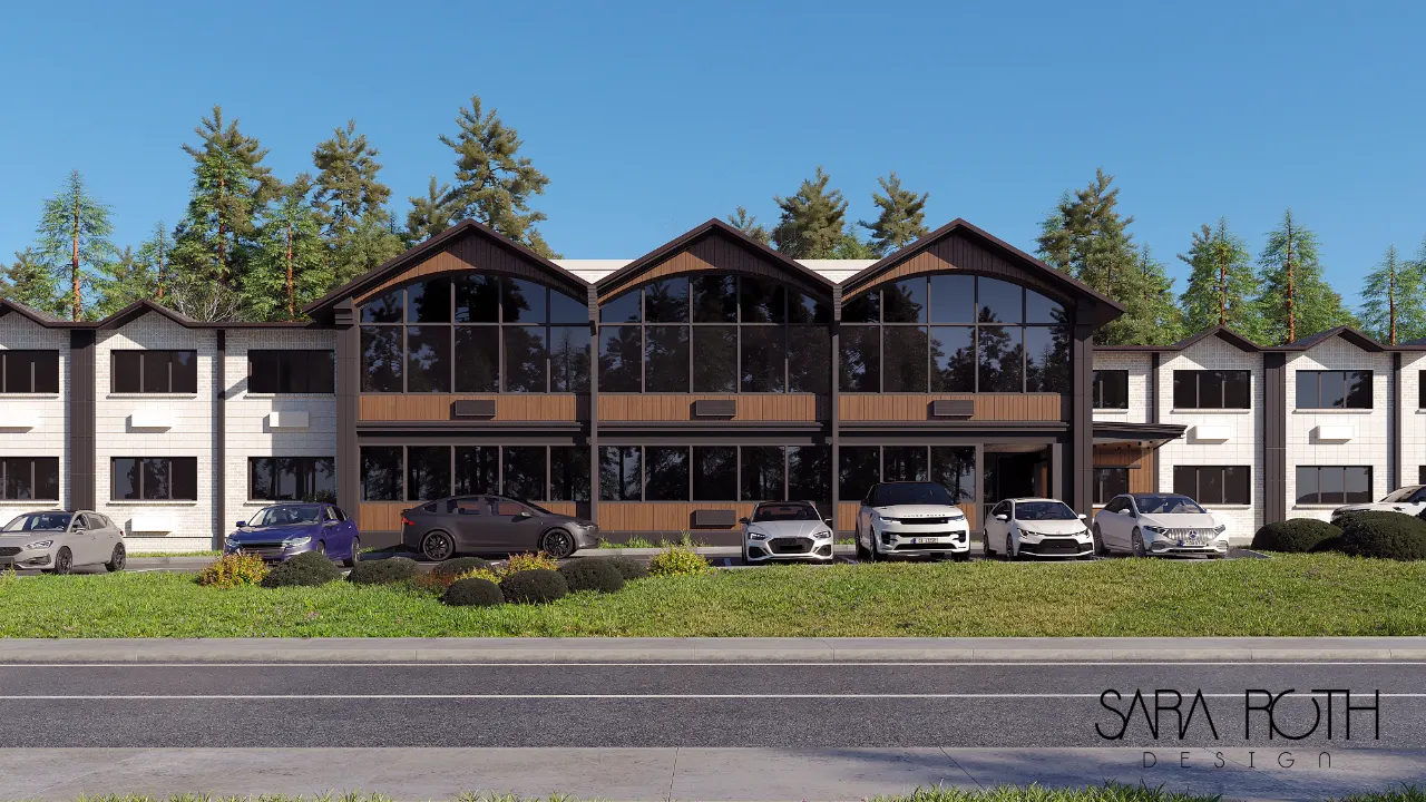 Exterior rendering of Montcare Bethesda skilled nursing facility with a glass-fronted gabled entrance pavilion and landscaped parking area