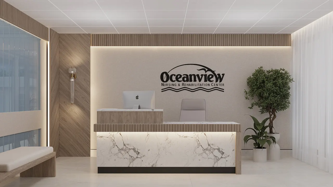Oceanview Nursing and Rehabilitation Center reception with a marble-front desk, backlit wood slat walls and potted greenery